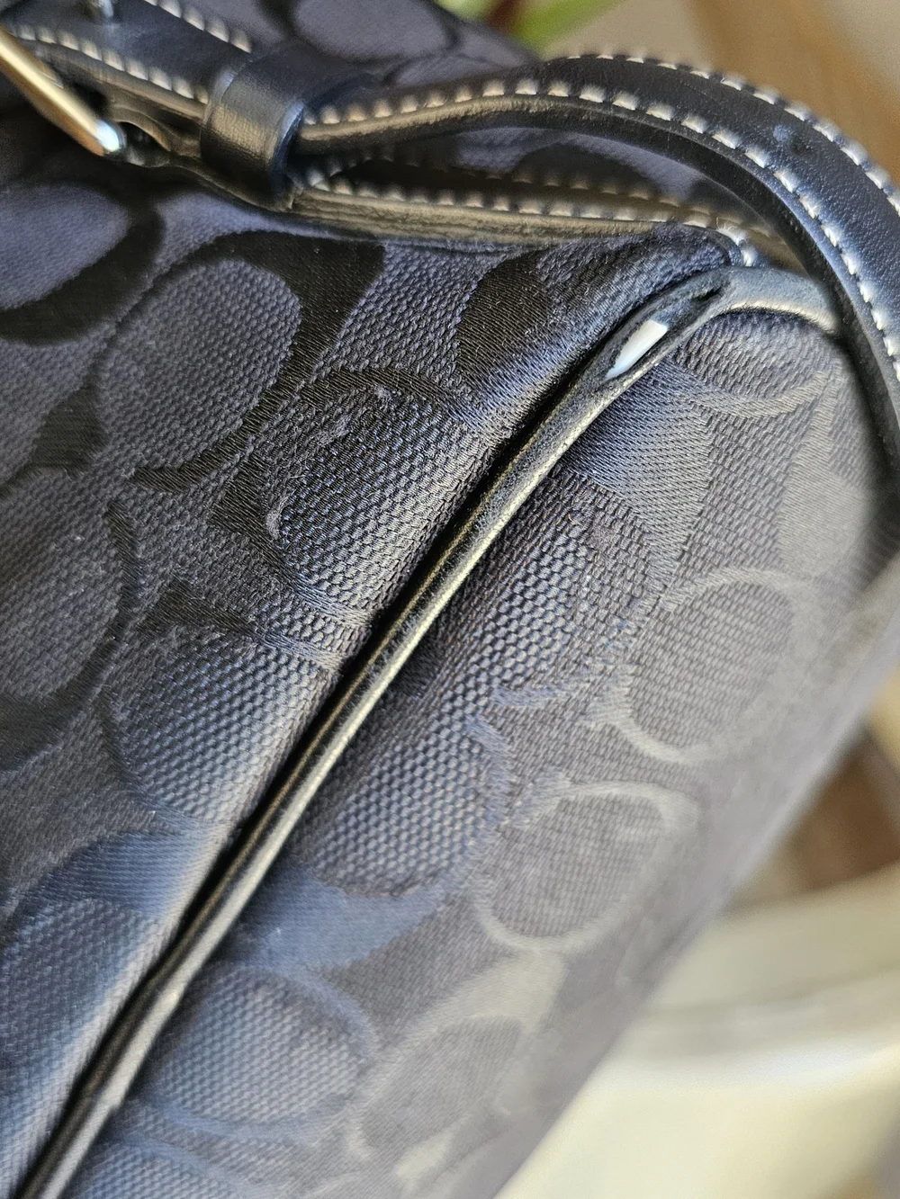 Vintage Coach Signature Canvas Drawstring Backpack Black Leather Trim Monogram